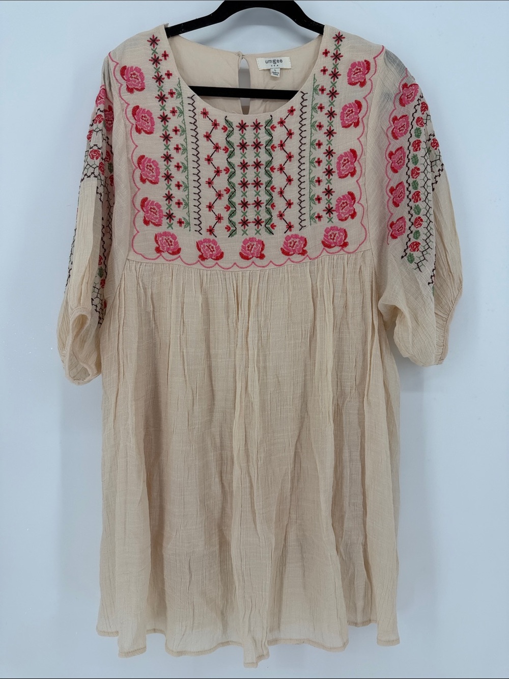 Umgee Large Boho Floral Embroidered Babydoll Dress Cream Peasant Cottagecore